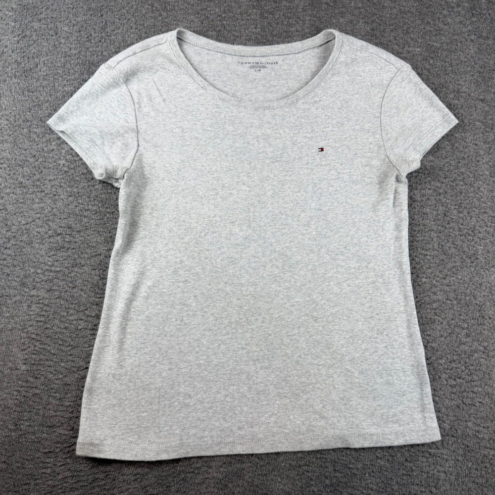 Tommy Hilfiger T-Shirt Women's Large Gray Short Sleeve Embroidered Logo Tee